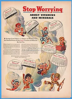 1944 Ovaltine Vitamins Malted Milk Powder Mineral Stop Worrying AWESOME WWII Ad • $9.44