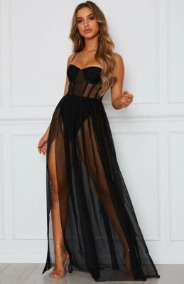 £12.99 • Buy Black Mesh Corset Cover Up Size XL UK 14 Beach Maxi Dress BNWOT Adjustable Traps
