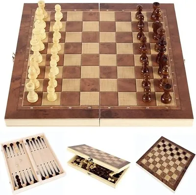 LARGE Vintage Wooden Chess Set Wood Board Hand Carved Crafted Folding Game 14  • $29.99