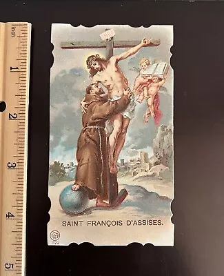 Vintage Die Cut French Holy Card - St. Francis Of Assisi W/ Christ On The Cross • $4.49