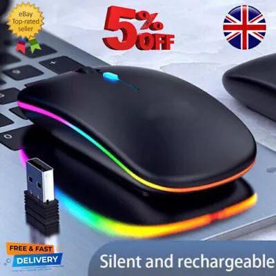 £7.89 • Buy 2.4Ghz Slim Silent Wireless Mouse USB Mice Rechargeable RGB LED Laptop PC/MAC UK