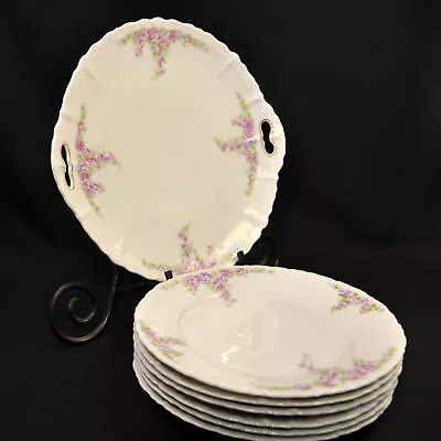 Habsburg China Austria Cake Plate & 6 Dessert Plates Purple Floral 1910-1930 • $109.98