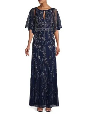 Aidan By Aidan Mattox Beaded Mesh Column Gown Jewel Neck Navy Size 2 $495 NWT • $125