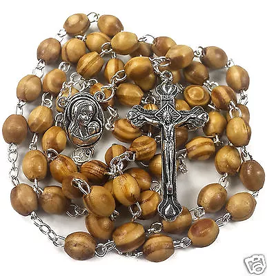 Catholic Prayer Rosary Olive Wood Beads Necklace Holy Soil Medal Cross Crucifix • $12.68