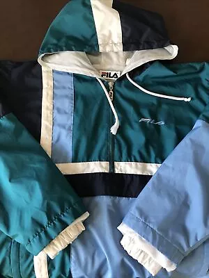 Vintage Fila Windbreaker Jacket- Navy Teal Blue & White Stripe Design Medium • $15