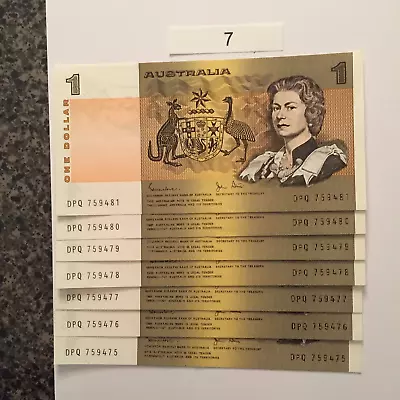 Australian Uncirculated $1 Bank Notes With Consecutive Serial Numbers (7 Notes) • $130