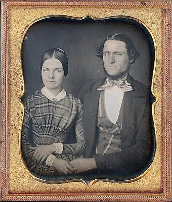 Intimately Posed Couple Holding Hands Plaid Clothes 1/6 Plate Daguerreotype S724 • $175