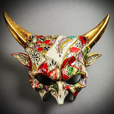 Venetian White Demon Mask W/ Gold Sharp Horns Venice Masquerade Ball Party Mask • $39.99