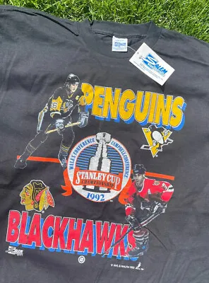 Pittsburgh Penguins CHICAGO BLACKHAWKS Salem VTG NHL Hockey T Shirt Lemieux 90s • $29.99