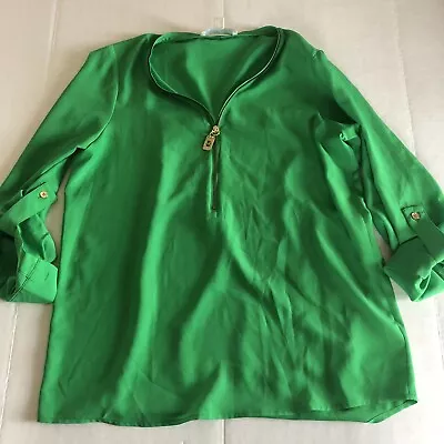 Michael Kors Green Gold Zipper Popover Blouse Roll Tab Sleeves Sz S A1483 • $18
