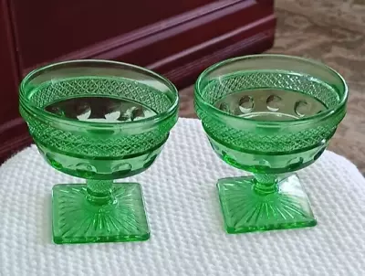 Vintage Green Depression Glass Sherbet / Dessert Dishes - Pair • $11.95