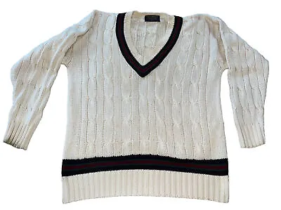 Vintage Brooks Brothers Cricket Cream V Neck Chunky Cable Knit Tennis Sweater XL • $79