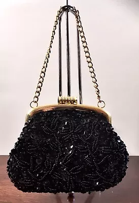 Vintage Black Sequin Beaded Kiss Lock Small Purse Coin Bag Hong Kong 4.5 X3.5  • $14.49