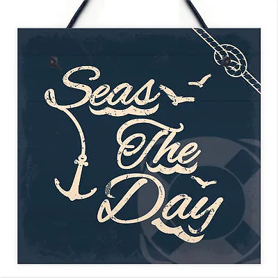 Seas The Day Nautical Seaside Bathroom Toilet Hanging Sign Shabby Chic Vintage • £3.99