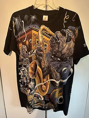 Vintage Bad Dog Jazz T-Shirt Size L Black All Over Print Russ Tock 90s Great Con • $175
