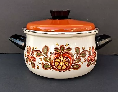 VTG Lotus Flowers Enamelware 3 Quart Floral Pot Orange Lid MCM • $37.99