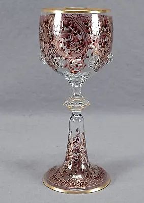 Bohemian Harrach Maroon & Gold Scrollwork Hock Wine Roemer Circa 1870-1900 • $495