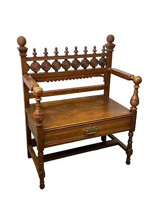 Tiger Oak  Antique Victorian Eastlake Folk Art Hall Bench Aesthetic Drawer Chair • $650