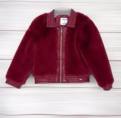 MAYORAL Girls Bomber Jacket Burgundy Faux Fur Vegan Leather Zip Front  5 (110) • $28