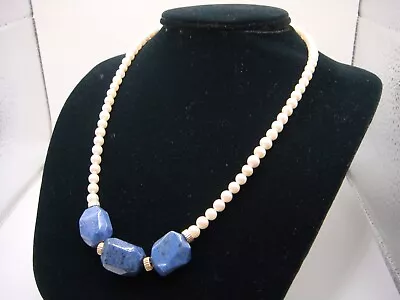 Vintage Faux Pearl Lapis Lazuli Beaded Necklace Estate • $17