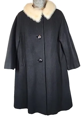 Womens Black Fleece White Rabbit Fur Collar L-Sleeve Mid-Length Coat Sz M-L Vtg  • $29.49