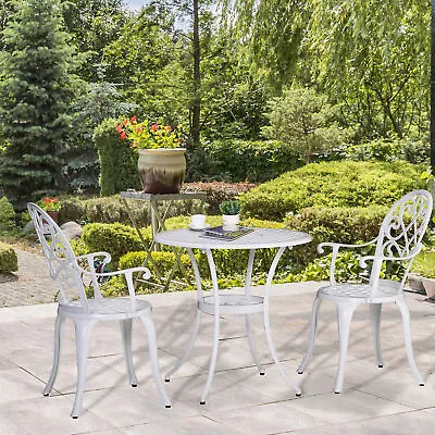 3PCs Garden Aluminium Table Set Bistro Set Round Table 2 Chairs For Patio White • £136.99