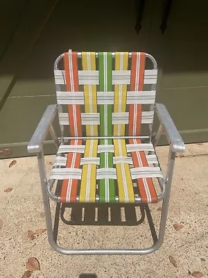 Vintage Aluminum Beach Lawn Chair Outdoor Folding Chair Nylon Webbed Ylw Grn Org • $32