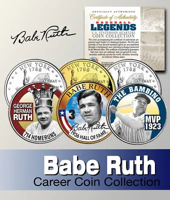 Baseball Legend  BABE RUTH NY Statehood Quarter Colorized 3-Coin Set *Licensed* • $9.95