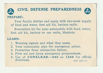 Vintage Civil Defense Preparedness Card 1959 Fall Out Shelter Nuclear War • $21.84