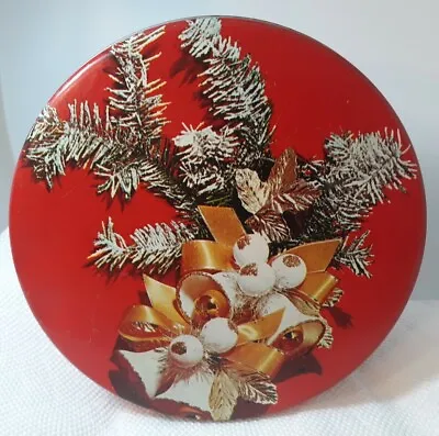 Vtg Red Round Cookies Candy Christmas Tin Winter Holly Gold Ribbon Bells MCM  • $19.99