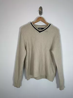 Vintage Mens Polo Ralph Lauren 100% Wool Cricket V Neck Sweater Medium Cream Use • $34.99
