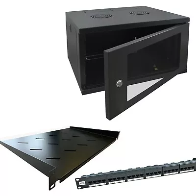 6u 450mm Deep Wall Mounted Data Cabinet Cat6 Or Cat5e Data Panel And Shelf Lot • £136.10