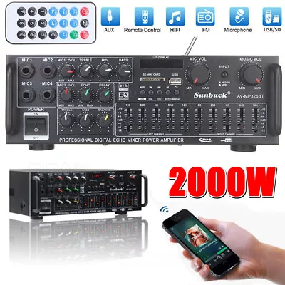 2000W Bluetooth Stereo Amplifier HIFI 2CH Tuner Remote Control USB SD Car Home • £39.80