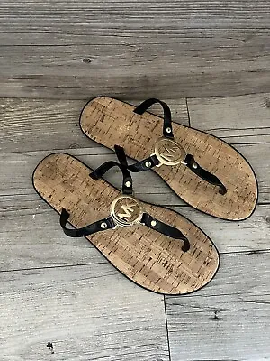 Michael Kors Womens Black Jelly Thong Cork Footbed Gold MK Slide Sandals 9M • $24.97