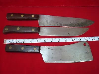 $19.99 • Buy 3 Vintage Carbon Steel Kitchen Knives Cleaver Butcher Cutlery Unmarked Rivets