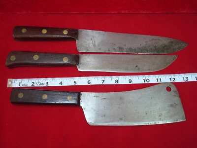 $19.99 • Buy 3 Vintage Carbon Steel Kitchen Knives Cleaver Butcher Cutlery Unmarked Rivets