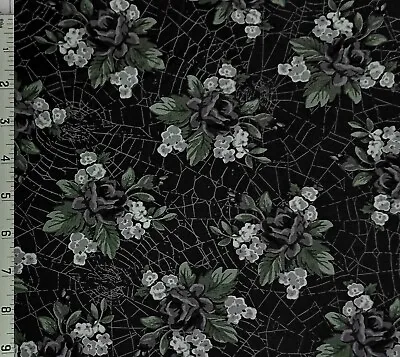 Halloween Black Tossed Rose Web Of Roses Cotton Fabric Maywood Goth Vampire • $12.10