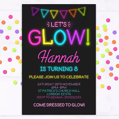 Personalised Glow Party Invitations Birthday Invites Neon Disco Dance Party • £5.95