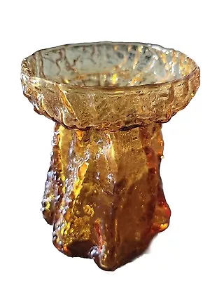 Vintage Viking Glass Textured Tree Bark Amber Vase Candleholder 5x4 In Unique • $60