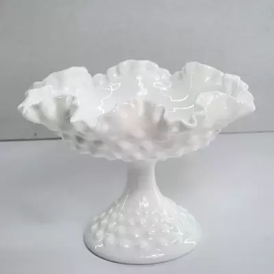 Vtg Fenton White Hobnail Milk Glass Footed Compote Bowl W/Ruffled Edge 5.5  X 7  • $24.99