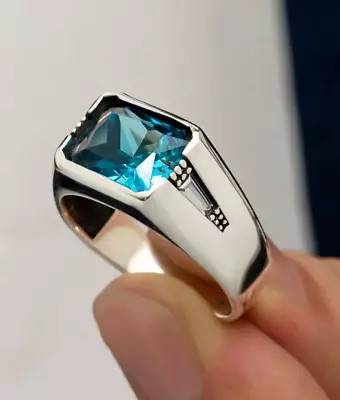 Blue Topaz Lab Created Gemstone 925 Sterling Silver Ring For Men's Gift For Him • $119.99