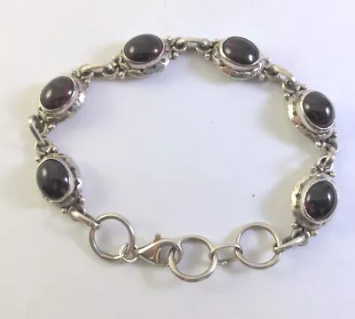 Vtg Sterling Silver Garnet Cabochon Link Tennis Bracelet Quality Made 7.5   • $29.99