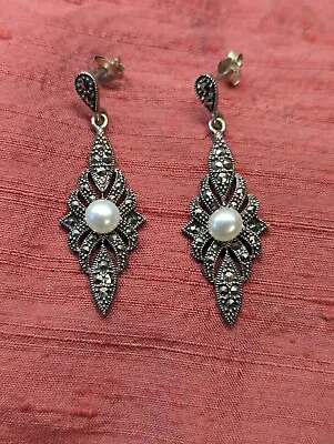 Sterling Silver Marcasite And Faux Pearl Earrings 4.5 Cm Drop • £25