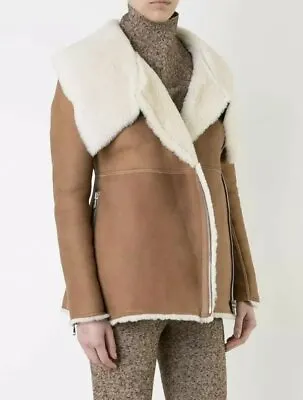 $550 • Buy Scanlan Theodore Leather Tan Brown Shearling Peplum Jacket Coat Size 8