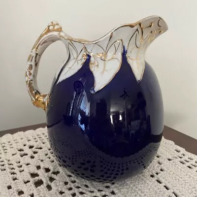 Vintage Wheeling Pottery LaBelle Cobalt Blue & Cream Trimmed In Gold Pitcher • $90