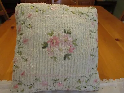 Ribbed Chenille Pillow W Embroidered Ribbon Pink Flowers Ivory EUC 12x13 Age? • $23.96