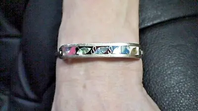 Vintage MEXICO Handcrafted  925 Sterling Silver Hinged Bracelet With Abalone • $6.45