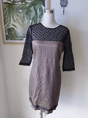 Vintage BANG Dress Size 12 Lace Black Block Print Faux Satin Engagement Party • $19.95