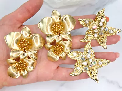 Lot Erwin Pearl Les Bernard Signed Earrings Vtg Gilt Flower Chunky Drop Starfish • $19.99