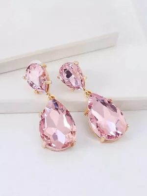 1.5'  Pink Gold Teardrop Rhinestone Long Crystal Prom Pageant Earrings Dangle • $13.95